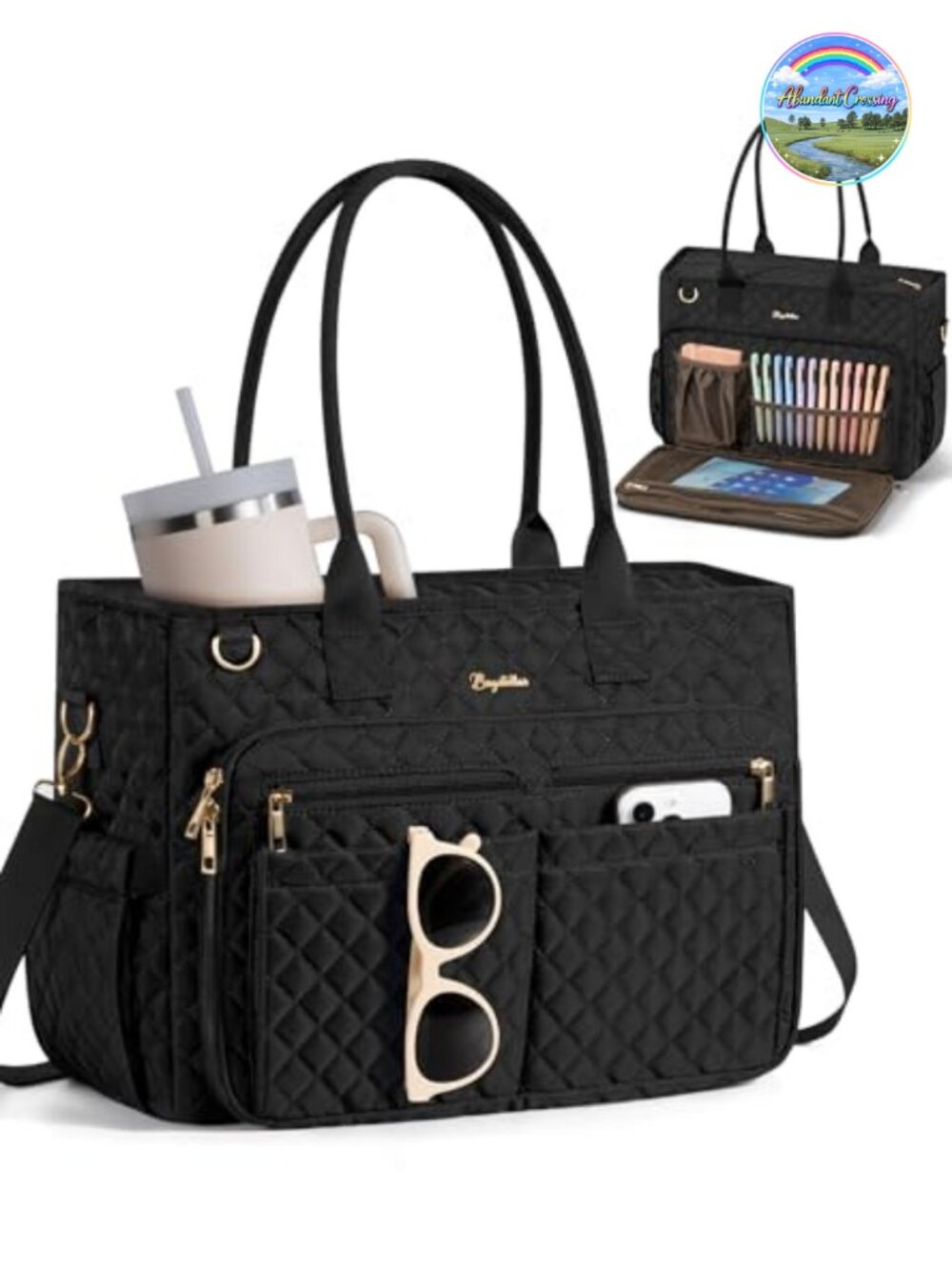 Large Teacher Work Tote Laptop Bag with 20 Pockets, Quilted Polyester, Crossbody